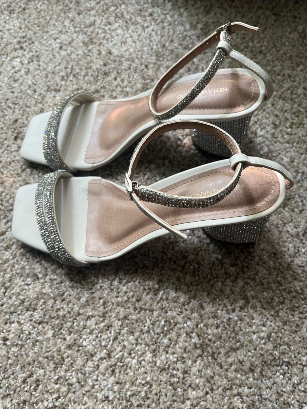 Neyla White Crystal Block Heel Sandals